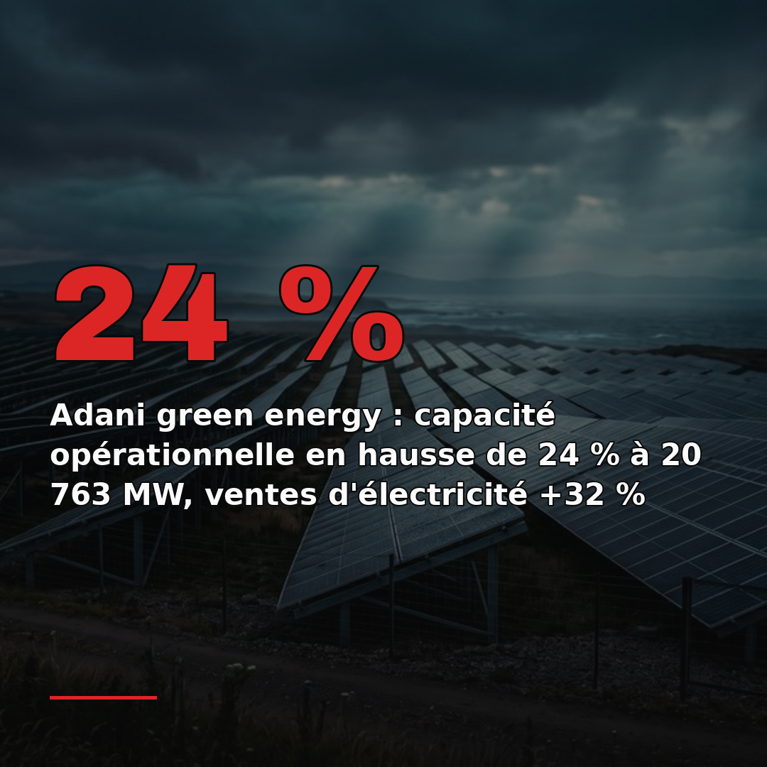 Adani green energy : capacité opérationnelle en hausse de 24 % à 20 763 MW, ventes d'électricité +32 %