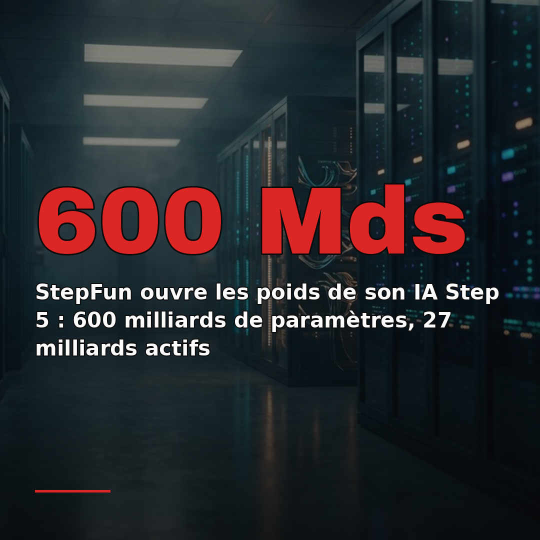 StepFun ouvre les poids de son IA Step 5 : 600 milliards de paramètres, 27 milliards actifs