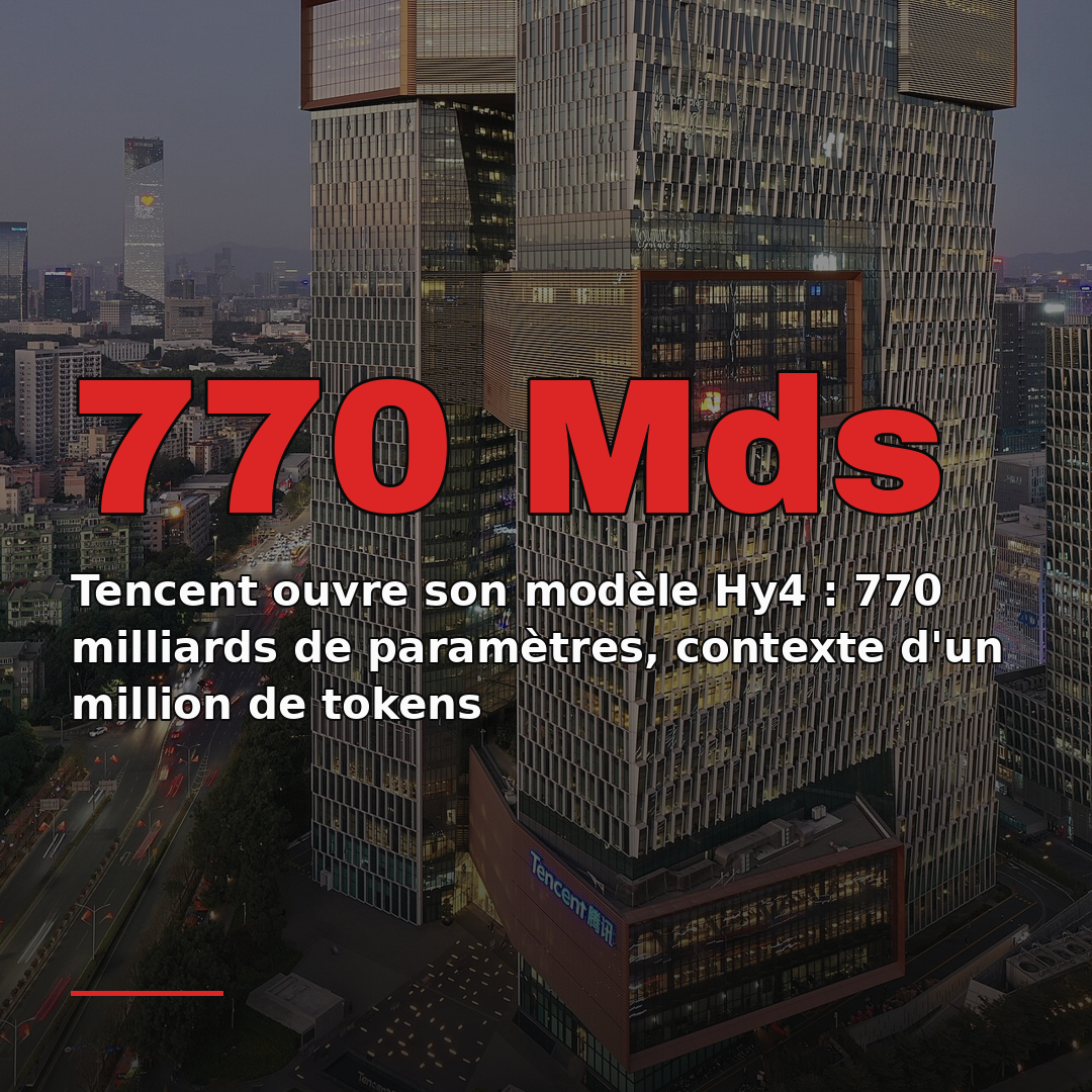 Tencent ouvre son modèle Hy4 : 770 milliards de paramètres, contexte d'un million de tokens