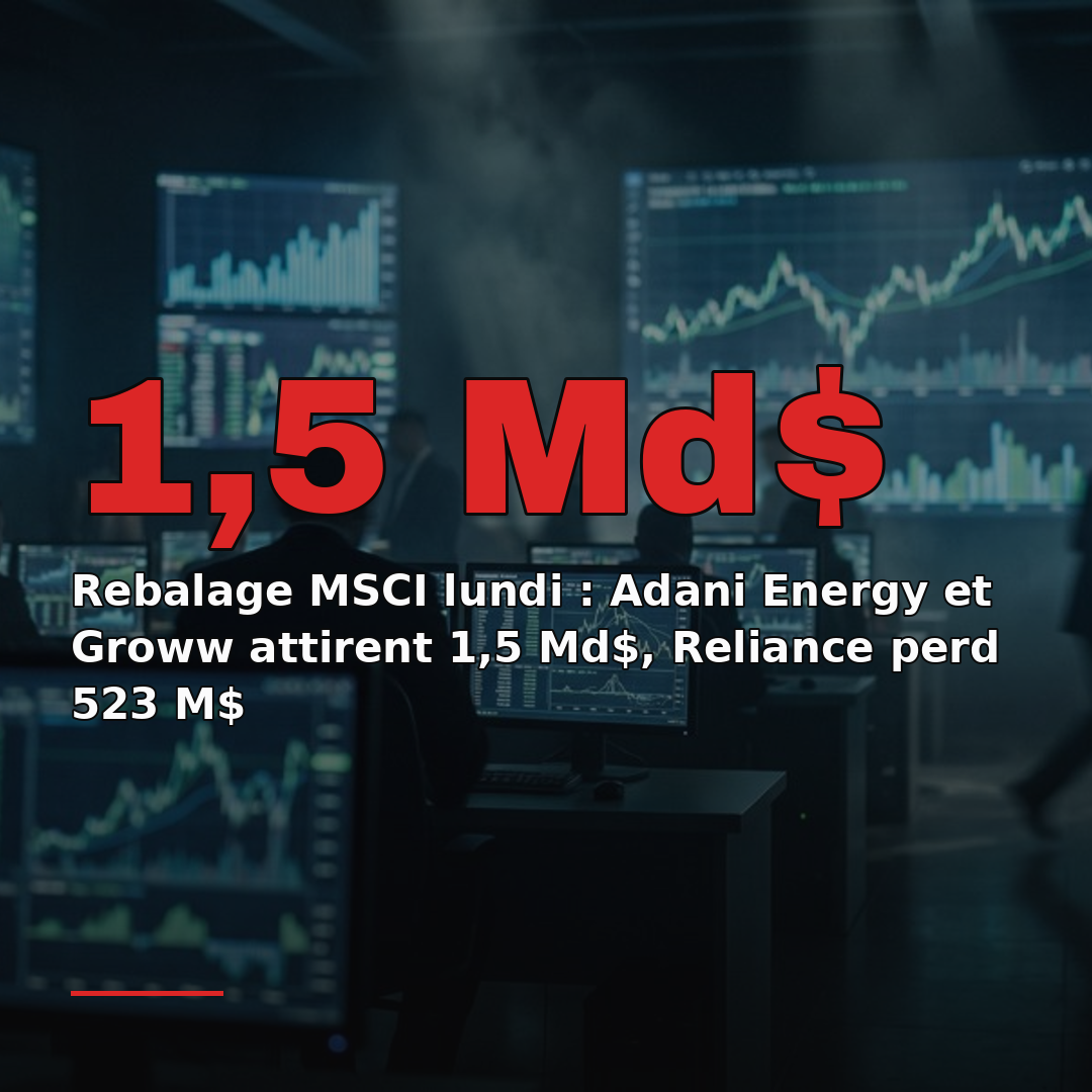 Rebalage MSCI lundi : Adani Energy et Groww attirent 1,5 Md$, Reliance perd 523 M$
