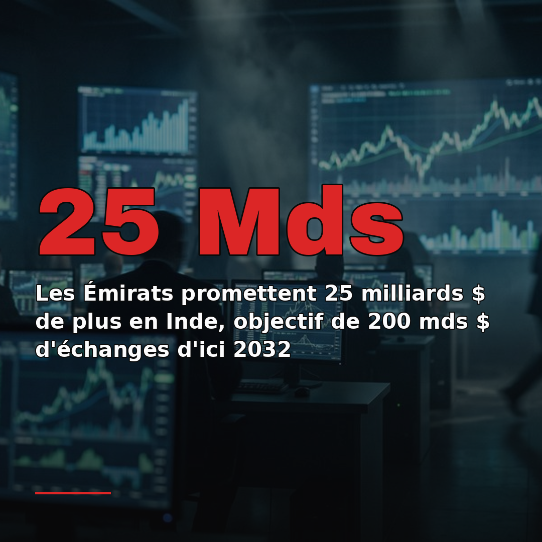 Les Émirats promettent 25 milliards $ de plus en Inde, objectif de 200 mds $ d'échanges d'ici 2032
