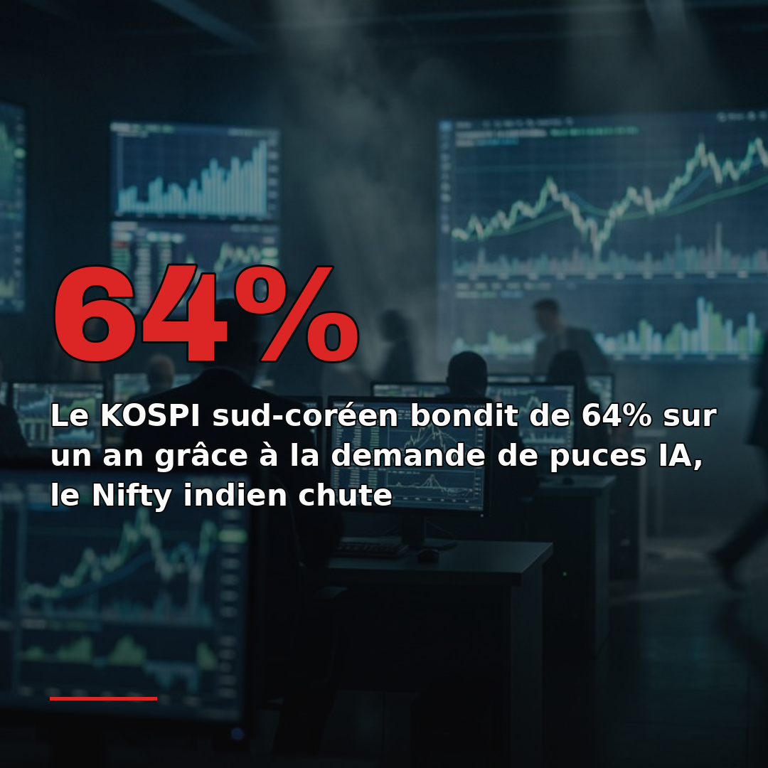 Le KOSPI sud-coréen bondit de 64% sur un an grâce à la demande de puces IA, le Nifty indien chute