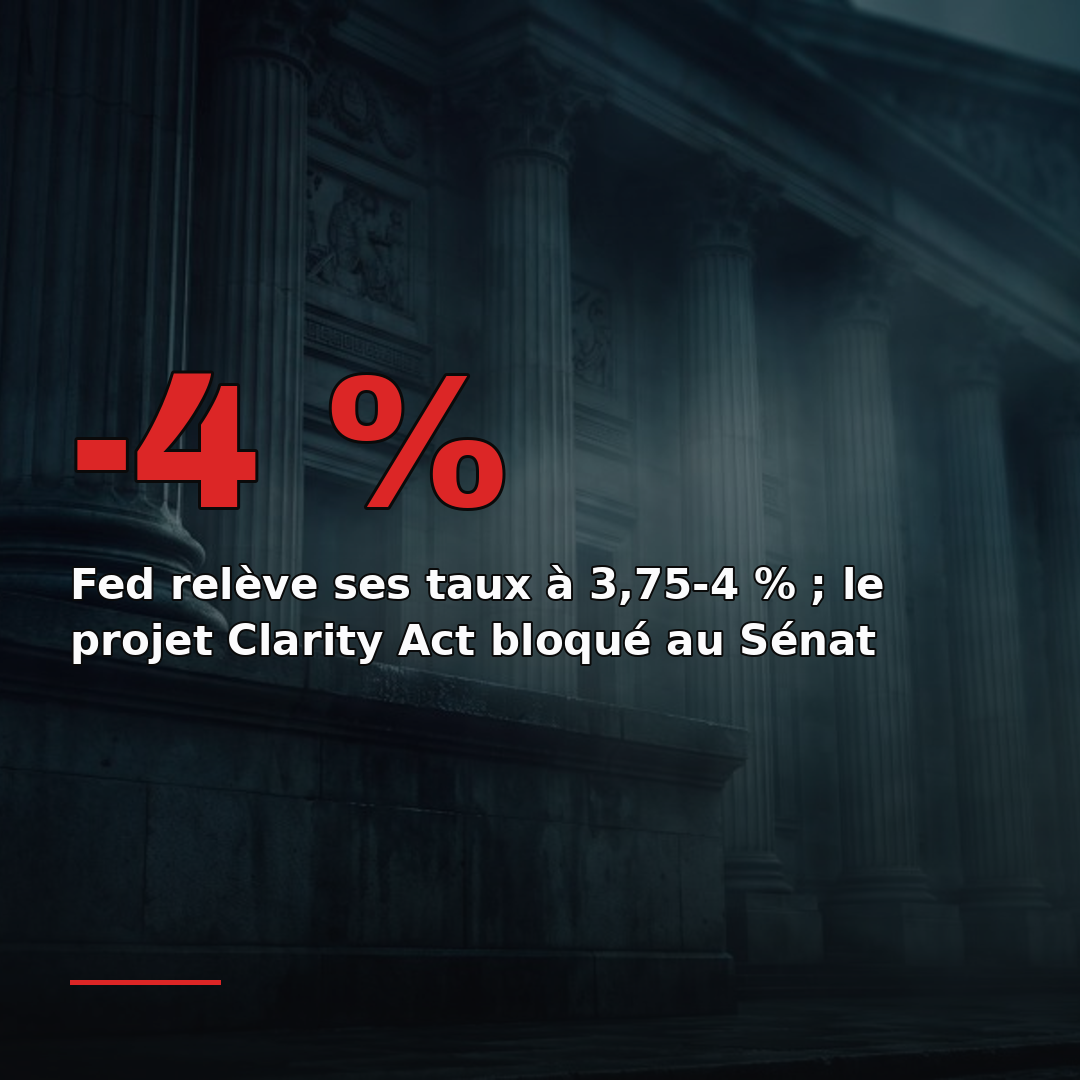 Fed relève ses taux à 3,75-4 % ; le projet Clarity Act bloqué au Sénat